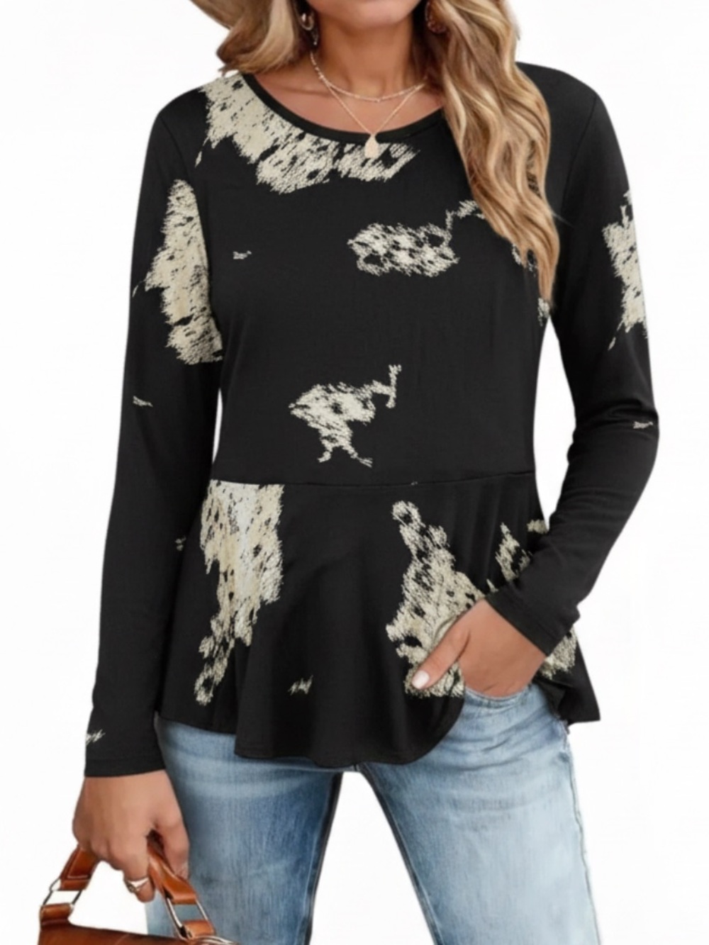 Wilfred Black & Cream Long-Sleeve Peplum Top